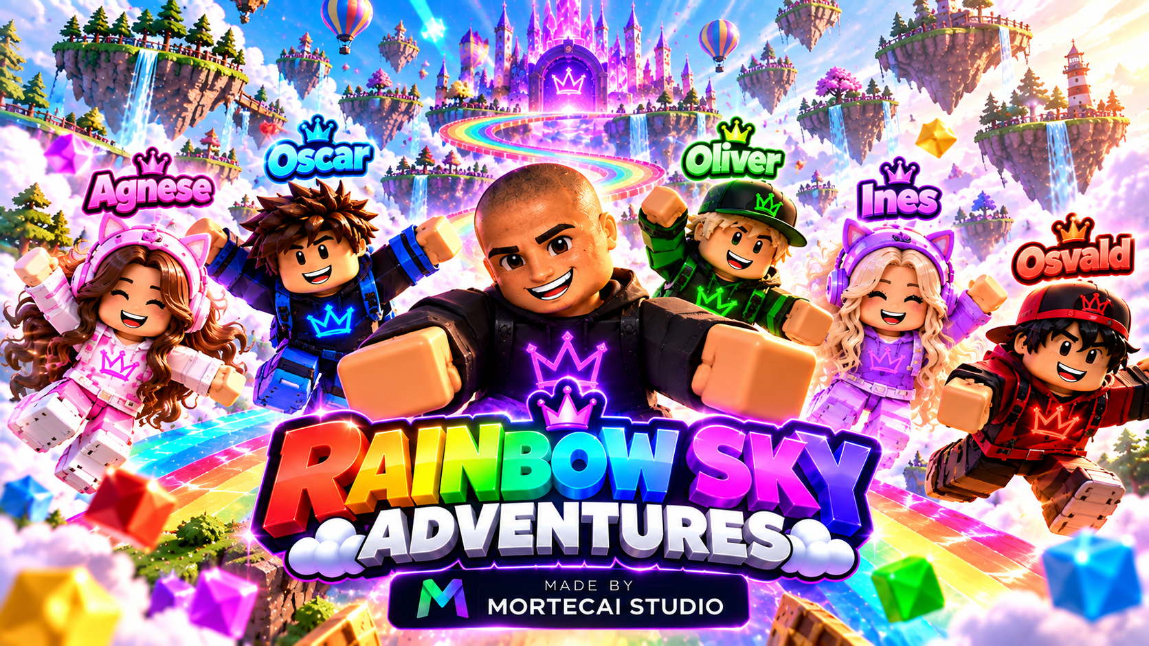 Rainbow Sky Adventures — a rainbow path to a floating castle with the Mortecai crew
