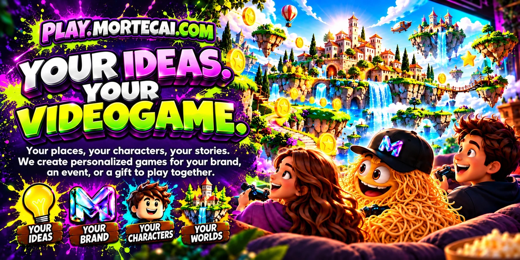 PLAY.MORTECAI.COM — Spagyetti and friends play among castles, islands and waterfalls, with icons for ideas, brands, characters and worlds.