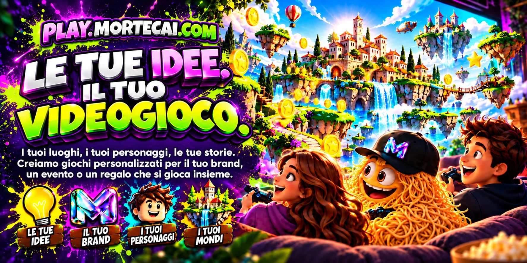 PLAY.MORTECAI.COM — Spagyetti e amici giocano tra castelli, isole e cascate, con le icone di idee, brand, personaggi e mondi.